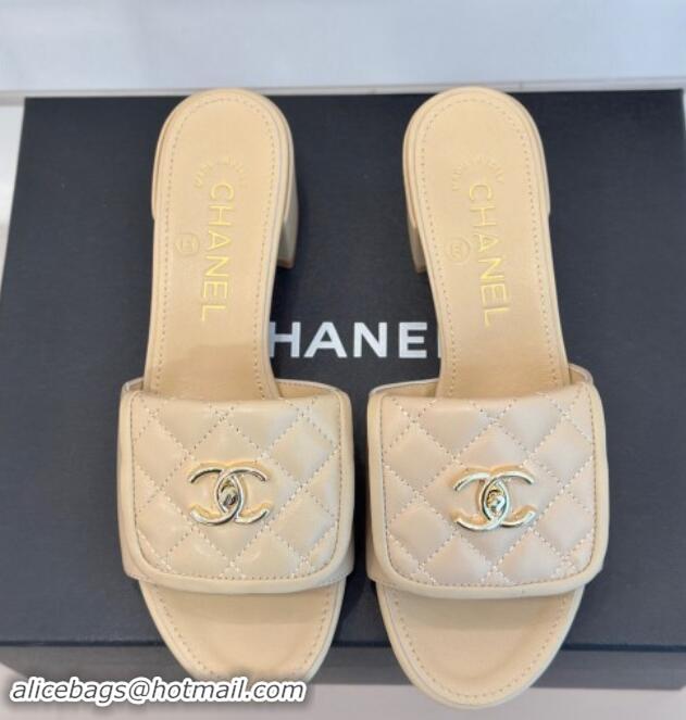 Good Product Chanel Lambskin Heel Slides Sandal 5cm with Quilted CC Foldover G45474 Beige 1120081