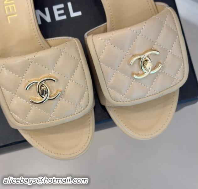 Good Product Chanel Lambskin Heel Slides Sandal 5cm with Quilted CC Foldover G45474 Beige 1120081