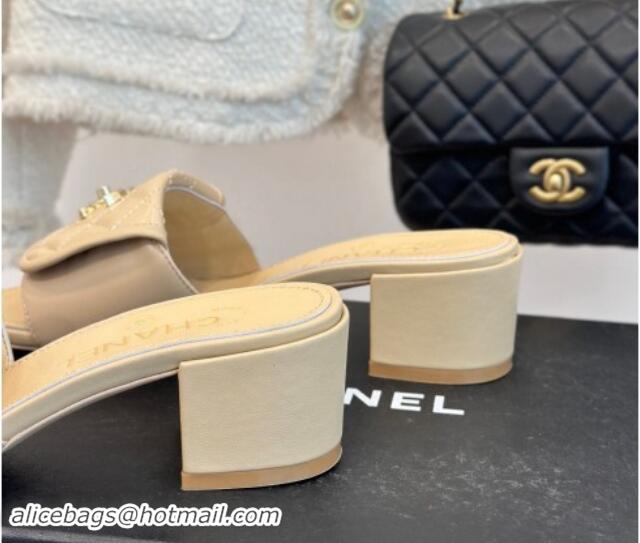 Good Product Chanel Lambskin Heel Slides Sandal 5cm with Quilted CC Foldover G45474 Beige 1120081