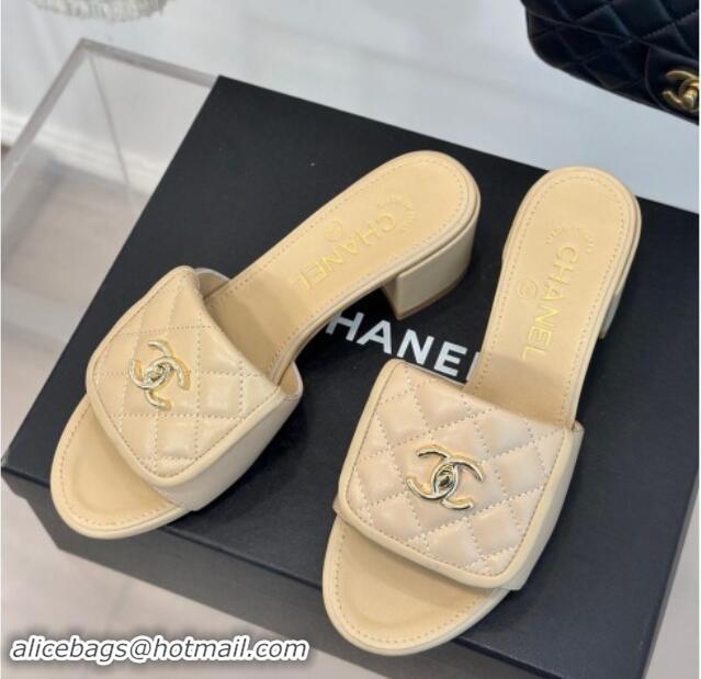 Good Product Chanel Lambskin Heel Slides Sandal 5cm with Quilted CC Foldover G45474 Beige 1120081