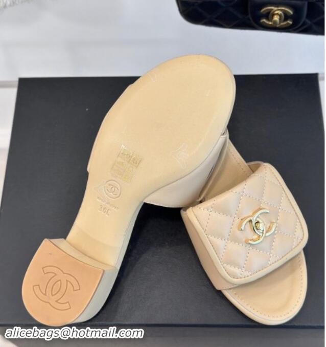 Good Product Chanel Lambskin Heel Slides Sandal 5cm with Quilted CC Foldover G45474 Beige 1120081