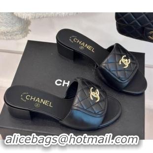 Unique Style Chanel Lambskin Heel Slides Sandal 5cm with Quilted CC Foldover G45474 Black 1120082