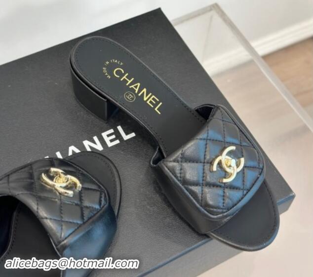 Unique Style Chanel Lambskin Heel Slides Sandal 5cm with Quilted CC Foldover G45474 Black 1120082