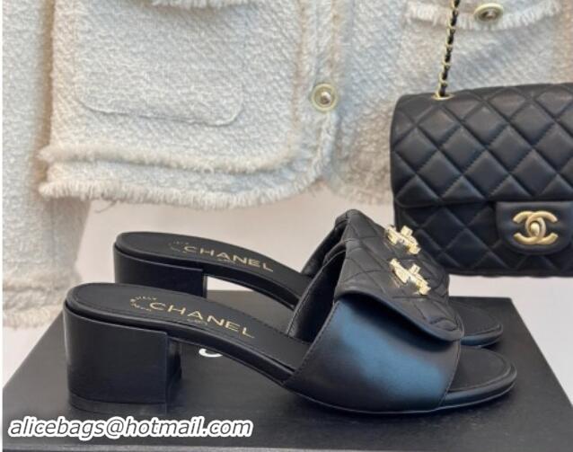 Unique Style Chanel Lambskin Heel Slides Sandal 5cm with Quilted CC Foldover G45474 Black 1120082