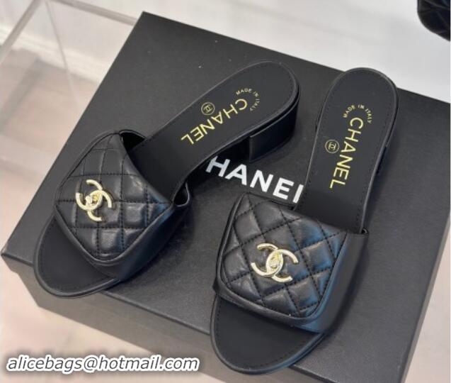 Unique Style Chanel Lambskin Heel Slides Sandal 5cm with Quilted CC Foldover G45474 Black 1120082