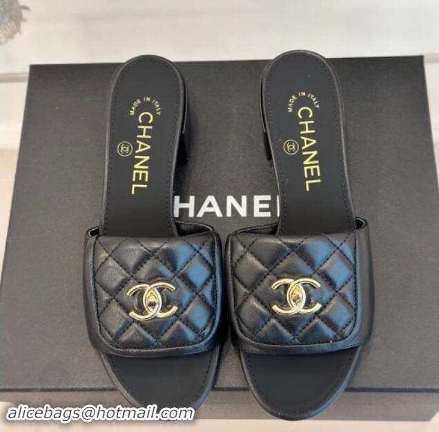 Unique Style Chanel Lambskin Heel Slides Sandal 5cm with Quilted CC Foldover G45474 Black 1120082