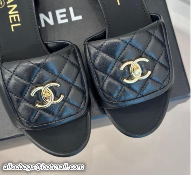 Unique Style Chanel Lambskin Heel Slides Sandal 5cm with Quilted CC Foldover G45474 Black 1120082