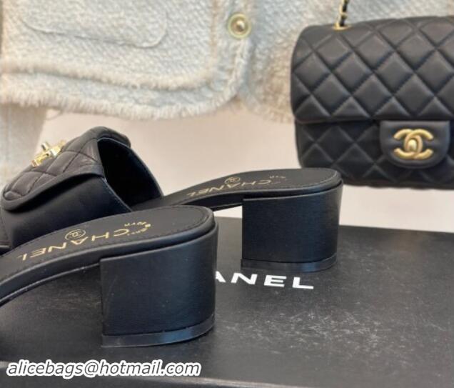 Unique Style Chanel Lambskin Heel Slides Sandal 5cm with Quilted CC Foldover G45474 Black 1120082