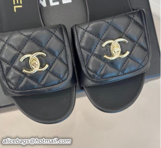 Best Product Chanel Lambskin Flat Slides Sandal with Quilted CC Foldover G45474 Black 120083