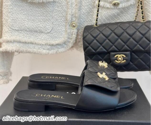 Best Product Chanel Lambskin Flat Slides Sandal with Quilted CC Foldover G45474 Black 120083