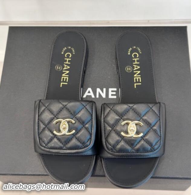 Best Product Chanel Lambskin Flat Slides Sandal with Quilted CC Foldover G45474 Black 120083