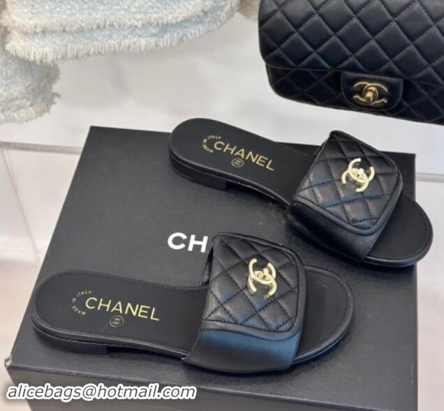 Best Product Chanel Lambskin Flat Slides Sandal with Quilted CC Foldover G45474 Black 120083