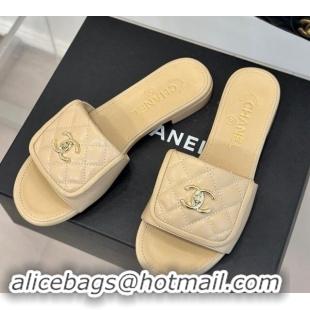 Top Grade Chanel Lambskin Flat Slides Sandal with Quilted CC Foldover G45474 Beige 120084