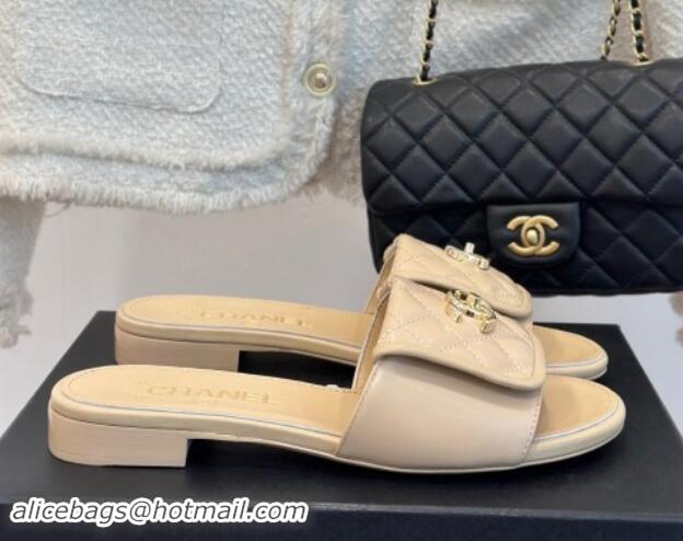 Top Grade Chanel Lambskin Flat Slides Sandal with Quilted CC Foldover G45474 Beige 120084