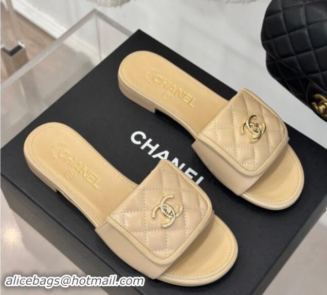 Top Grade Chanel Lambskin Flat Slides Sandal with Quilted CC Foldover G45474 Beige 120084