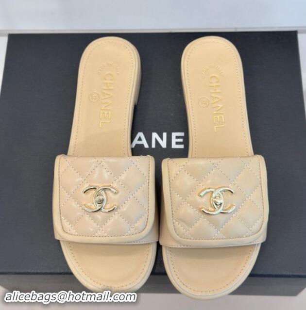 Top Grade Chanel Lambskin Flat Slides Sandal with Quilted CC Foldover G45474 Beige 120084