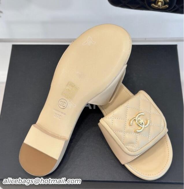 Top Grade Chanel Lambskin Flat Slides Sandal with Quilted CC Foldover G45474 Beige 120084