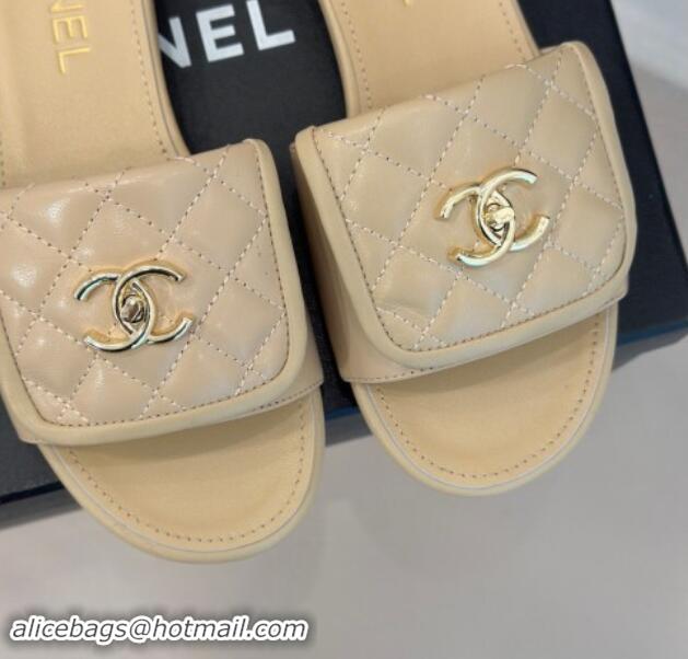 Top Grade Chanel Lambskin Flat Slides Sandal with Quilted CC Foldover G45474 Beige 120084