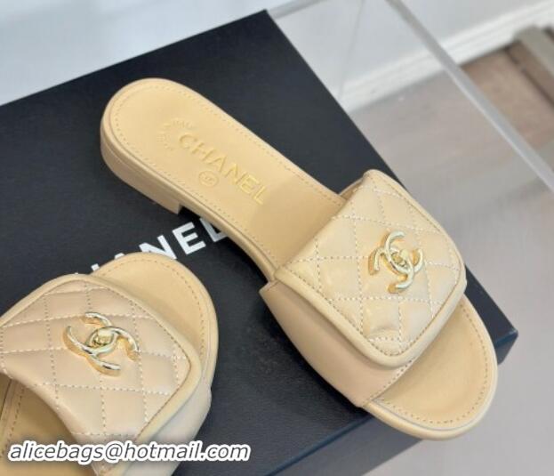 Top Grade Chanel Lambskin Flat Slides Sandal with Quilted CC Foldover G45474 Beige 120084