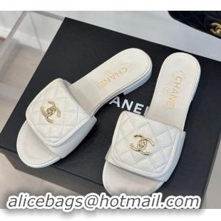 Good Quality Chanel Lambskin Flat Slides Sandal with Quilted CC Foldover G45474 White 120085