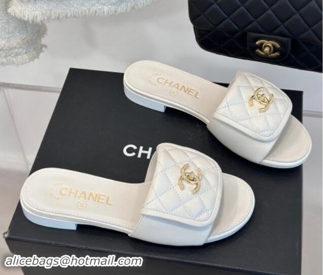 Good Quality Chanel Lambskin Flat Slides Sandal with Quilted CC Foldover G45474 White 120085