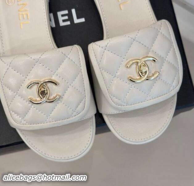 Good Quality Chanel Lambskin Flat Slides Sandal with Quilted CC Foldover G45474 White 120085