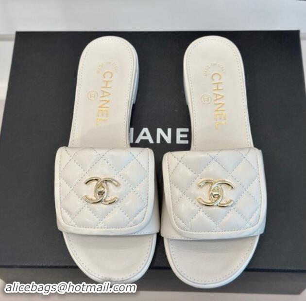 Good Quality Chanel Lambskin Flat Slides Sandal with Quilted CC Foldover G45474 White 120085