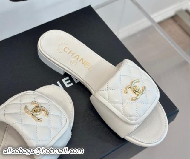 Good Quality Chanel Lambskin Flat Slides Sandal with Quilted CC Foldover G45474 White 120085