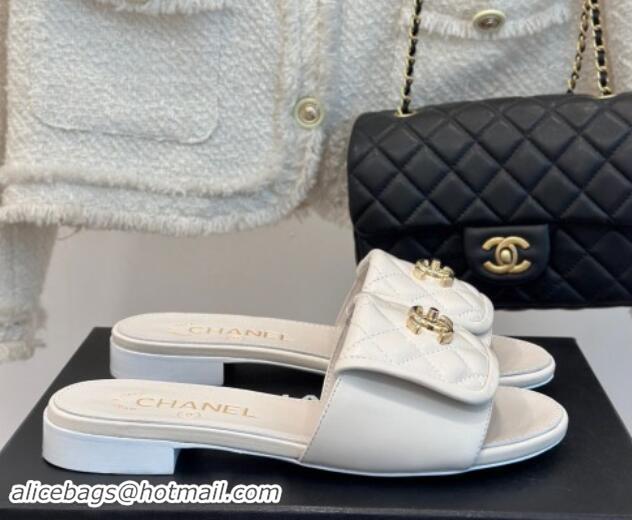 Good Quality Chanel Lambskin Flat Slides Sandal with Quilted CC Foldover G45474 White 120085