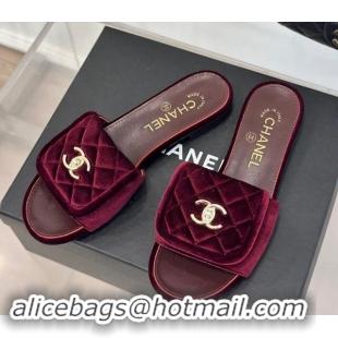 Charming Chanel Velvet Flat Slides Sandal with Quilted CC Foldover G45474 Burgundy 120087