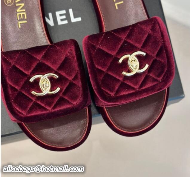 Charming Chanel Velvet Flat Slides Sandal with Quilted CC Foldover G45474 Burgundy 120087