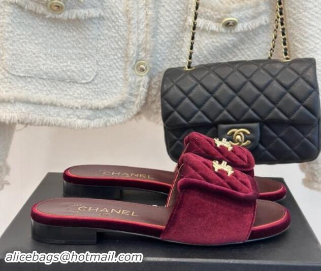 Charming Chanel Velvet Flat Slides Sandal with Quilted CC Foldover G45474 Burgundy 120087