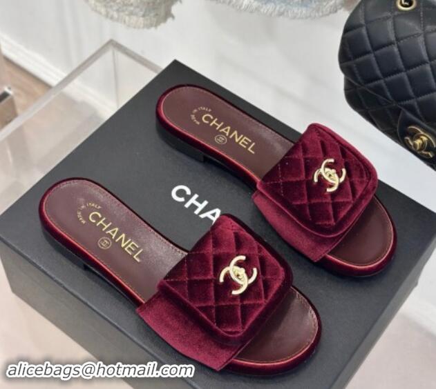 Charming Chanel Velvet Flat Slides Sandal with Quilted CC Foldover G45474 Burgundy 120087