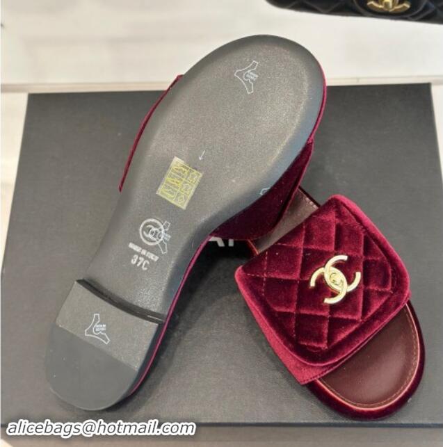 Charming Chanel Velvet Flat Slides Sandal with Quilted CC Foldover G45474 Burgundy 120087