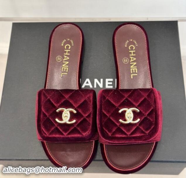 Charming Chanel Velvet Flat Slides Sandal with Quilted CC Foldover G45474 Burgundy 120087