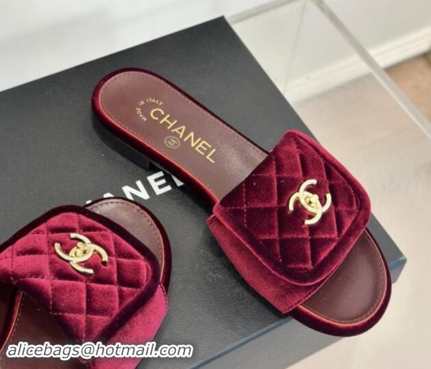 Charming Chanel Velvet Flat Slides Sandal with Quilted CC Foldover G45474 Burgundy 120087