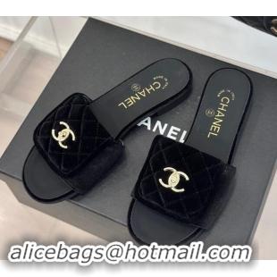 Unique Style Chanel Velvet Flat Slides Sandal with Quilted CC Foldover G45474 Black 1120086