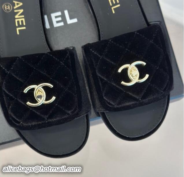 Unique Style Chanel Velvet Flat Slides Sandal with Quilted CC Foldover G45474 Black 1120086