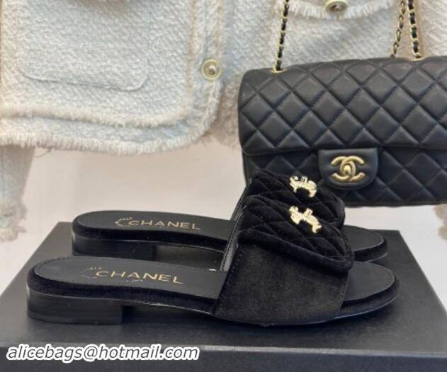 Unique Style Chanel Velvet Flat Slides Sandal with Quilted CC Foldover G45474 Black 1120086