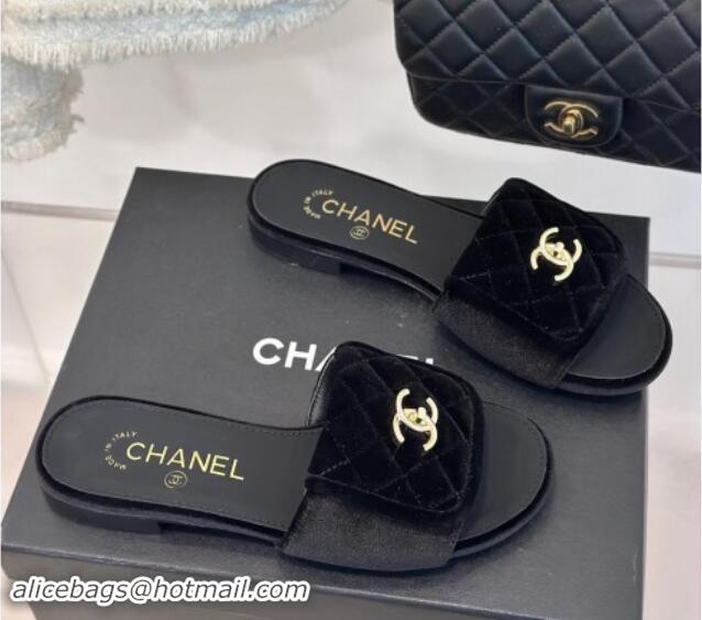 Unique Style Chanel Velvet Flat Slides Sandal with Quilted CC Foldover G45474 Black 1120086