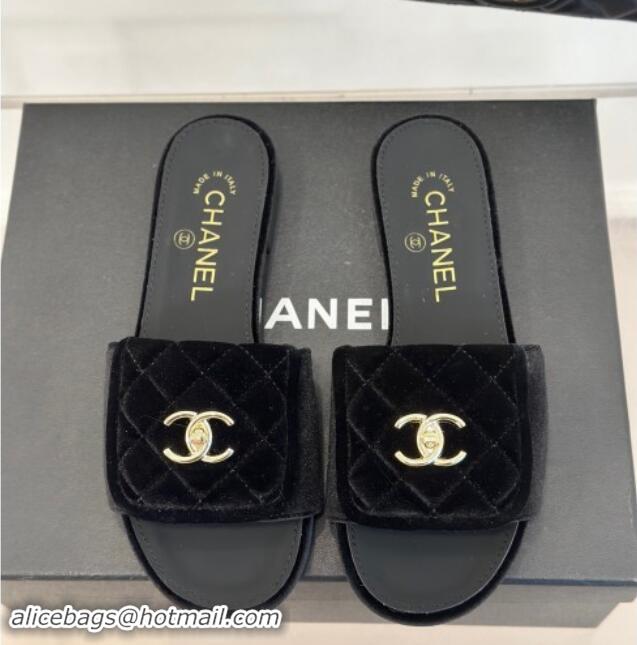 Unique Style Chanel Velvet Flat Slides Sandal with Quilted CC Foldover G45474 Black 1120086