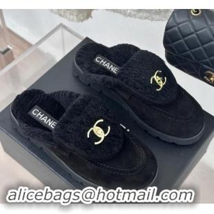 Hot Style Chanel Suede & Wool Flat Mules with CC Foldover G45474 Black 1120088