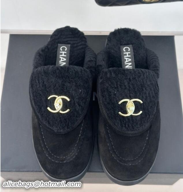 Hot Style Chanel Suede & Wool Flat Mules with CC Foldover G45474 Black 1120088