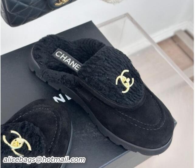 Hot Style Chanel Suede & Wool Flat Mules with CC Foldover G45474 Black 1120088