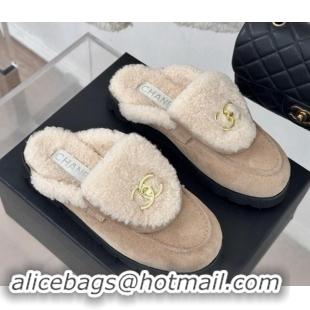 Sumptuous Chanel Suede & Wool Flat Mules with CC Foldover G45474 Beige 120089