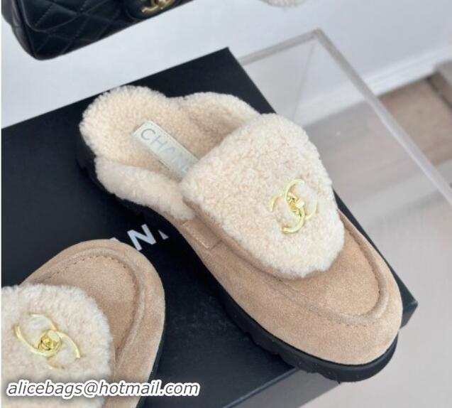 Sumptuous Chanel Suede & Wool Flat Mules with CC Foldover G45474 Beige 120089