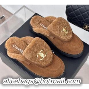 Good Looking Chanel Suede & Wool Flat Mules with CC Foldover G45474 Brown 1120090