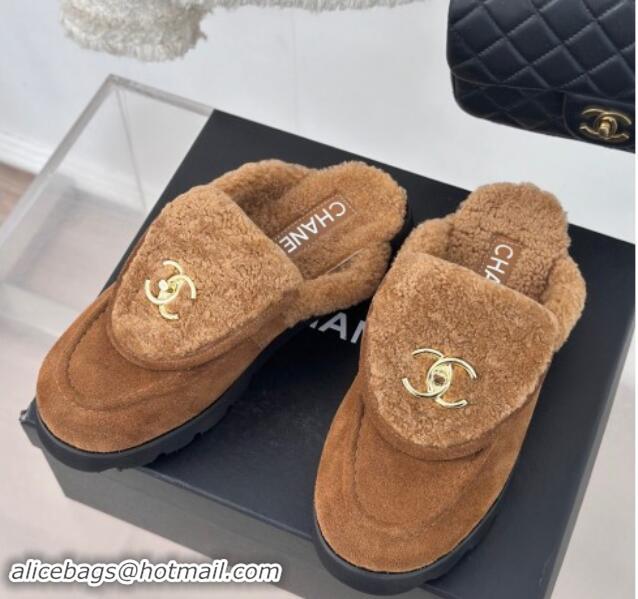 Good Looking Chanel Suede & Wool Flat Mules with CC Foldover G45474 Brown 1120090