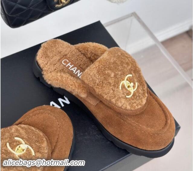 Good Looking Chanel Suede & Wool Flat Mules with CC Foldover G45474 Brown 1120090