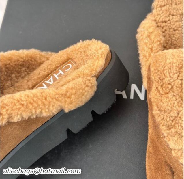 Good Looking Chanel Suede & Wool Flat Mules with CC Foldover G45474 Brown 1120090